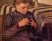 卡米耶 毕沙罗 : Young Girl Mending Her Stockings